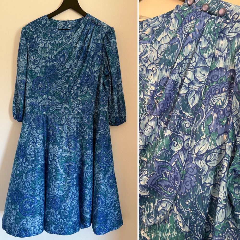 Vintage Blue and Green Floral Midi Dress